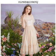 flowerscoming花兒開(kāi)了2024夏季新款優(yōu)雅波點(diǎn)連衣裙短袖淑女蕾絲花邊拼接公主裙 橘粉 S