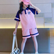 Baldauren女童夏季薄款短袖短褲套裝6-15歲中大兒童女孩新款韓版洋氣學(xué)院風(fēng) 粉色【字母B套裝】 薄款 150 建議135-145cm