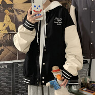 主意范胖子大碼拼色棒球服男飛行員夾克外套秋季寬松潮牌毛呢棒球服衣服 黑色 L 100-120斤