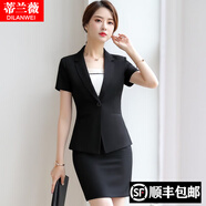 蒂蘭薇職業(yè)裝女裝套裝小西裝女夏裝正裝西服外套前臺酒店專柜銷售工作服 短袖:黑色外套+九分褲(配吊帶) M(建議 90-100斤以內(nèi))