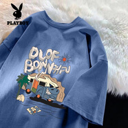 花花公子（PLAYBOY）純棉短袖t恤男字母印花2025夏季新款寬松百搭ins潮半袖T恤港 CM38淺藍 XL 【建議130-155斤】
