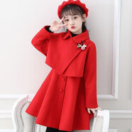 純貝兔（CHUNBEITU）童裝女童套裝連衣裙秋冬季兒童背心裙拜年服小女孩毛呢外套三件套 紅色 披肩+背心裙+帽子 100 建議身高95cm左右