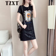 TZXT輕奢運(yùn)動休閑連衣裙女寬松夏季新款鑲鉆氣質(zhì)短款圓領(lǐng)短袖t恤裙潮 黑色 L 建議105-120斤