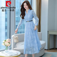 皮爾卡丹（pierre cardin）長袖連衣裙春秋2025年新款女早春夏名媛高端感氣質(zhì)雪紡長裙子顯瘦 淺藍(lán)色 XL