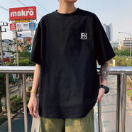 普達(dá)馳100純棉短袖T恤男新款夏季潮流港風(fēng)復(fù)古寬松韓版上衣內(nèi)搭體恤半袖 黑色 胸前 IR字母 S