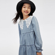 安奈兒（Annil）童裝女童連衣裙純色2024春裝藍(lán)色牛仔裙子 中藍(lán)牛仔 140 