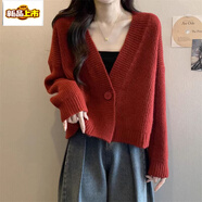初徑2025新款紅色v領(lǐng)短款毛衣外套女秋冬季內(nèi)搭針織開(kāi)衫慵懶秋裝上衣 紅色 S 建議80-90斤