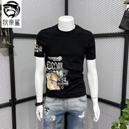 狄帝鯊歐洲站男士短袖t恤潮牌休閑圓領上衣夏季潮流修身字母印花體恤衫 愚仁-S754棉【黑色】 2XL