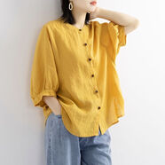 KAHTOP2025春夏新款棉麻寬松休閑襯衫女裝夏季復(fù)古襯衣文藝薄上衣XJD 復(fù)古燈籠袖 黃色 M 100斤以下