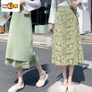 初徑蕾絲中長(cháng)款半身裙2025秋冬新款兩面可穿針織半身裙女網(wǎng)紗A字裙子 綠色 均碼