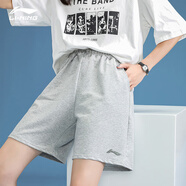 李寧 運(yùn)動(dòng)短褲女春秋夏季薄款純棉休閑五分褲子寬松跑步女士運(yùn)動(dòng)服飾 淺花灰（口袋拉鏈-刺繡logo） L /175（110-129斤）