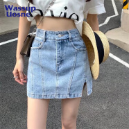 WASSUP UOSNE2024夏季新款女装高腰牛仔裙裤侧边开叉显瘦弹力包臀短裤女超短裙 浅蓝色 S