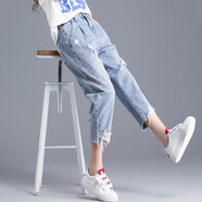 箐冉兒 乞丐褲破洞牛仔褲女2021年新款褲子九分褲九分小個(gè)子老爹夏季薄款 淺藍 28