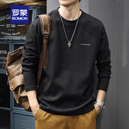 羅蒙（ROMON）T恤秋季重磅簡(jiǎn)約純色長(cháng)袖男寬松潮流大碼休閑修身衛衣圓領(lǐng)打底衫 黑色 M 合適體重90-130斤