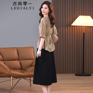 衣典零一（LEDIALYI）襯衫套裝裙女2024夏季新款時(shí)尚氣質(zhì)顯瘦小個(gè)子中長(cháng)款連衣裙半身裙 卡其色+黑色 M