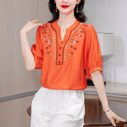 法蘿迪 棉麻t恤女2024春夏季新款女裝時(shí)尚民族風(fēng)文藝森系刺繡上衣 橙色 M