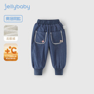 JELLYBABY女童加絨牛仔褲小童冬季加厚蝶結(jié)束腳褲兒童時(shí)髦抗菌冬裝寶寶長(zhǎng)褲 牛仔藍(lán) 90cm