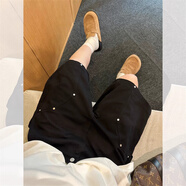柏銘臣工裝短褲男生夏季美式復(fù)古金屬柳釘裝飾潮流帥氣休閑五分褲子男 黑色 L【建議105-120斤】