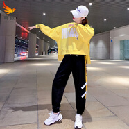 咚憬 韓版寬松爵士舞現代舞蹈練功服T恤套裝女學(xué)生街舞嘻哈廣場(chǎng)舞服裝 黃色 套裝 M