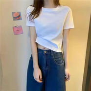 秋冬新款甜辣上衣女撞色做舊刺繡字母短款割破袖正肩內搭長(cháng)袖T恤 純白簡(jiǎn)約T3 2XL 建議125-135斤