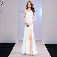 白展唐禮服裙子平時(shí)可穿宴會(huì )高檔晚2024新款斜肩主持人連衣裙女魚(yú)尾長(cháng)款 白色 S