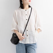 索宛亦（SUOWANYI）2021夏季新款棉麻襯衫女裝燈籠袖小清新上衣寬松中袖襯衣女 白色 M 100斤一下