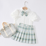 jk裙套裝全套夏季兒童學(xué)院風(fēng)班服夏天半身短裙女童10歲裙子粉色格子裙 薄荷綠套裝(沒(méi)有包包) 150cm