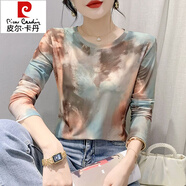 皮爾卡丹（pierre cardin）網(wǎng)紗扎染透氣打底衫女2025秋季歐貨修身洋氣減齡印花長(cháng)袖T恤上衣 9665# S 建議80-95斤