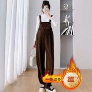 依鎏衣品秋冬純棉燈芯絨孕婦裝背帶褲可調節加絨加厚保暖吊帶長(cháng)褲毛衣套裝 深咖色加絨單件背帶褲 請選擇正確碼數