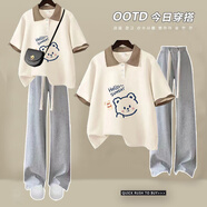 嘉綢青少女生中大童女孩衣服12到15歲夏天夏季套裝青少年初中生女裝涼 杏色T恤+灰色庫 150 【建議70-85斤