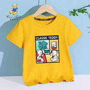 Classic Teddy兒童短袖t恤男女童夏季圓領(lǐng)上衣中小童裝半袖衣服夏裝 漫畫(huà)小熊織標短袖杏黃 110