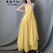 衣瑾帛社連衣裙女夏季文藝范棉麻女裝不規(guī)則超長(zhǎng)款吊帶裙女打底長(zhǎng)裙 黃色 均碼