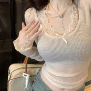 微光里蕾絲拼接針織衫秋裝修身性感純欲風(fēng)內搭白色百搭打底長(cháng)袖上衣女 【杏色 均碼 適合80-115斤】