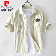 皮爾卡丹（pierre cardin）夏季男士純棉短袖工裝襯衫日系休閑潮流寬松襯衣夏裝大碼外套針織 152卡其色 M