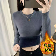 秋冬季加絨毛衣女加厚低領(lǐng)短秋冬季加絨加厚一體絨毛衣女圓領(lǐng)內(nèi)搭打底針織衫修身保暖上衣 深灰色_圓領(lǐng)加厚一體絨 XL建議120-130斤