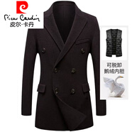 皮爾卡丹（pierre cardin）毛呢大衣男短款羊毛呢子小西裝英倫風(fēng)雙排扣雙面呢羊.絨外套 暗紅(羽絨內(nèi)膽) 185/54