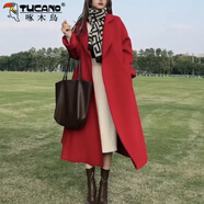 啄木鳥雙面100羊毛大衣女冬季2025新款赫本風(fēng)韓系中長(zhǎng)款高級(jí)感呢子外套 紅色 S 建議90-120斤斤