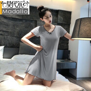 莫代爾帶胸墊睡裙莫代爾棉睡衣女夏季短袖中裙柔軟v領(lǐng)露背薄款孕婦200斤 淺灰色 帶胸墊 XL 170 110-130斤