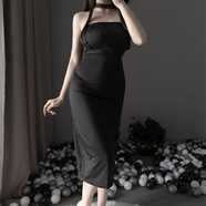 連衣裙女抹胸氣質(zhì)緊身顯瘦中長(cháng)裙性感歐美綁帶低胸包臀夜店開(kāi)叉裙情趣內衣可外穿超薄透明 黑色 均碼