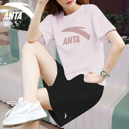 安踏（ANTA）運動(dòng)套裝女冬季寬松透氣短袖速干短褲跑步健身瑜伽休閑t恤五分褲 冰沙粉+基礎黑 M/165