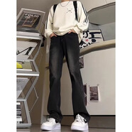 凱普蒂美式高街vibe修身水洗黃泥牛仔褲男女同款潮街頭拉鏈直筒褲 8236黑色 L 【110-120斤】