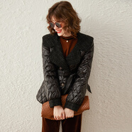 白鹿語(yǔ)時(shí)尚菱格短款羽絨服冬款優(yōu)雅西裝領(lǐng)鴨絨服系帶輕薄短外套女 黑色 M