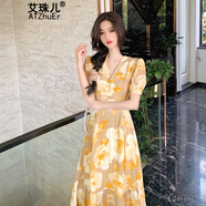 艾珠兒2025年夏新款赫本風可鹽可甜長裙腳踝仙氣森系甜美碎花連衣裙子女 黃色 S