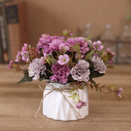 綠秀 假花仿真花套裝歐式絹花擺件客廳裝飾花室內花束塑料桌花盆景 紫色新大康乃馨蝴蝶陶瓷