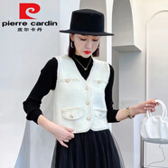 皮爾卡丹（pierre cardin）小香風(fēng)黑色打底針織連衣裙女秋冬修身顯瘦純色百搭網(wǎng)紗拼接毛衣裙 毛毛金絲邊馬甲白色 均碼 85-135斤