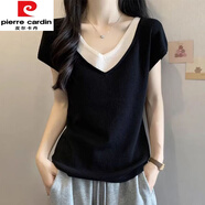 皮爾卡丹（pierre cardin）大尺碼假兩件正肩冰絲短袖t恤女夏季新款胖m妹遮肚子洋氣v領針織 DX1783#黑色 XL 建議115-130斤
