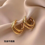 【鈦鋼不褪色】歐美輕奢幾何多層圓線(xiàn)C形耳圈氣質(zhì)金晨同款C耳環(huán)女 銀色