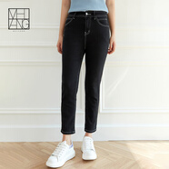 美洋（MEIYANG）線(xiàn)雕芭比小黑褲彈力高腰直筒明線(xiàn)牛仔九分褲時(shí)尚修身顯瘦牛仔褲女 黑色 XL