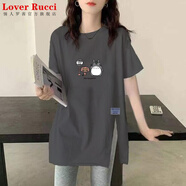 LOVER RUCCI2025年夏季新款純棉簡(jiǎn)約短袖上衣女韓版中長(zhǎng)款寬松百搭側(cè)開(kāi)叉t恤 龍貓-灰色 XL 【125-140斤】