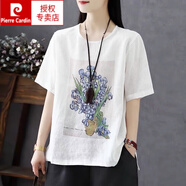 皮爾卡丹（pierre cardin）大號女士短袖t恤女夏上衣女2026新款胖mm寬松遮肚棉麻亞麻打底衫 白色 XL 建議：115-130斤
